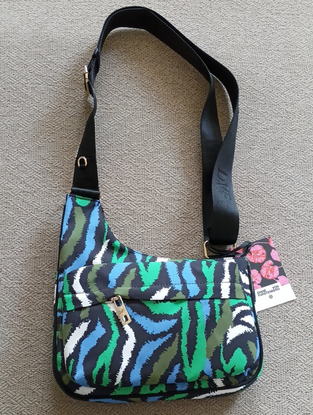 Diane Von Furstenberg Blue Green Black White Zebra-Print Crossbody